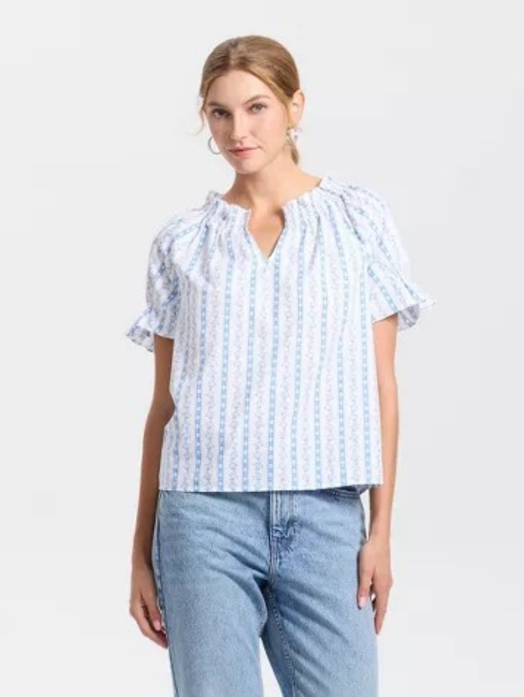 Nwt Universal Thread Xxl Boho Smocked Blouse Blue White Floral Provence Stripes